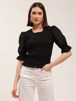 Elle Women Black Solid Round Neck Top