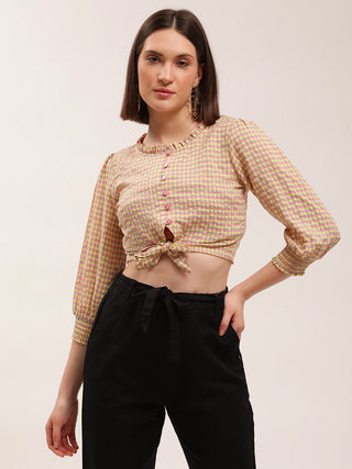 Elle Women Multi Checked Round Neck Top