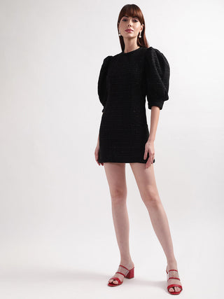 Elle Women Black Solid Band Collar Dress