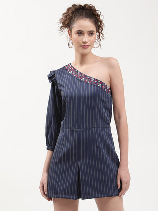 Elle Women Navy Blue Striped Assymetrical Neck Playsuit