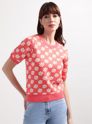 Elle Women Peach Self-Design Round Neck Top