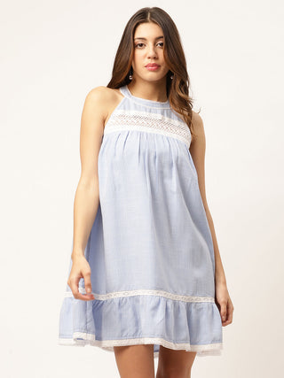 Elle Women Blue Checked Halter Neck Dress
