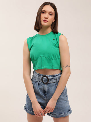 Elle Women Green Solid Round Neck TShirt