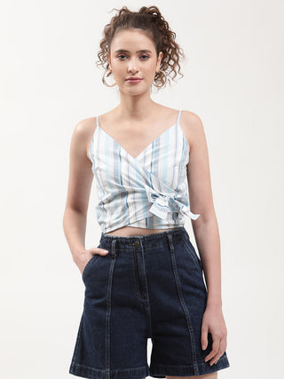 Elle Women Blue Striped V Neck Top