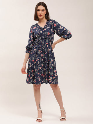 Elle Women Navy Blue Printed V Neck Dress