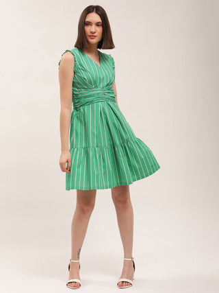 Elle Women Green Striped V Neck Dress