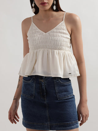 Elle Women Ecru Solid V Neck Top