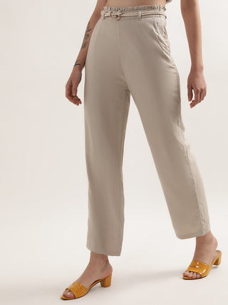 Elle Women Beige Solid Regular Fit Trouser