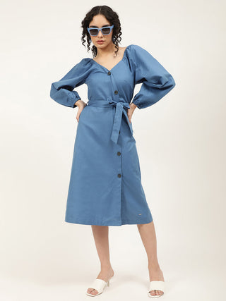 Elle Women Blue Solid Round Neck Dress