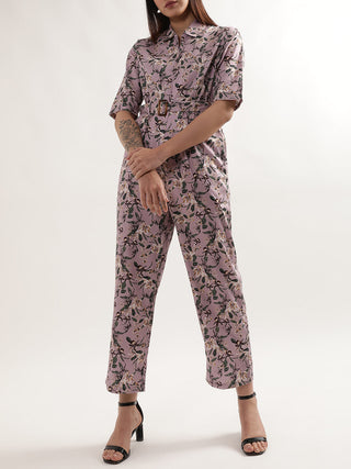 Elle Women Mauve Printed Collar Jumpsuit
