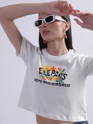 Elle Women White Printed Round Neck Short Sleeves Tshirt