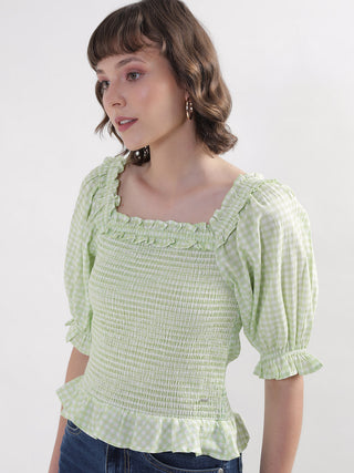 Elle Women Green Checked Square Neck Short Sleeves Top