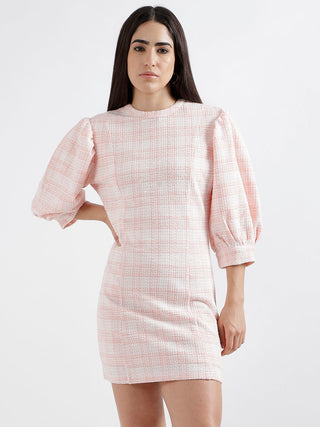 Elle Women Pink Checked Round Neck Short Sleeves Bodycon Dress