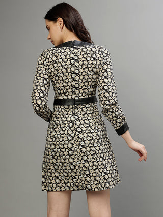 Elle Women Beige Printed Round Neck Full Sleeves Fit And Flare Dress