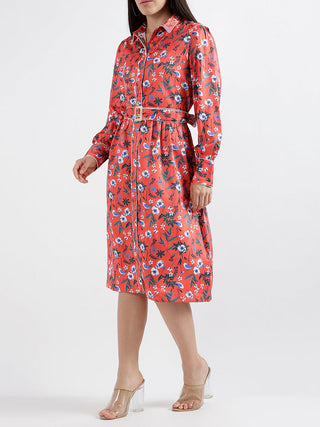 Elle Women Printed Full Sleeves Shirt Collar Dress
