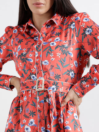 Elle Women Printed Full Sleeves Shirt Collar Dress