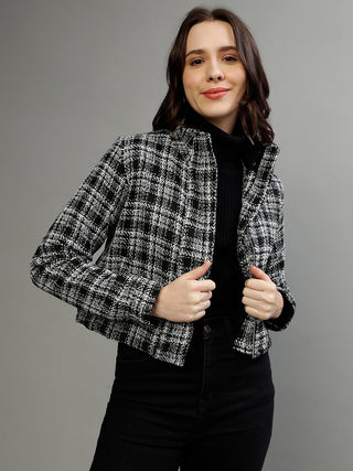 Elle Women Checked High Neck Full Sleeves Jacket