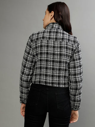 Elle Women Checked High Neck Full Sleeves Jacket