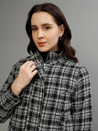 Elle Women Checked High Neck Full Sleeves Jacket