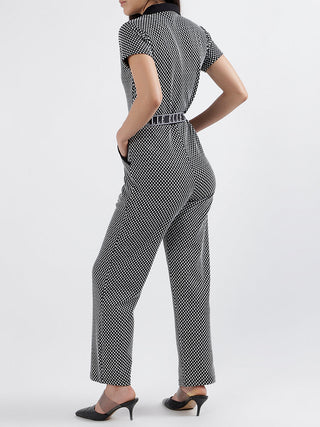 Elle Women Checked Short Sleeves Shirt Collar Jumpsuit