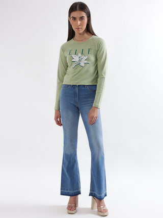 Elle Women Green Printed Round Neck Full Sleeves Tshirt