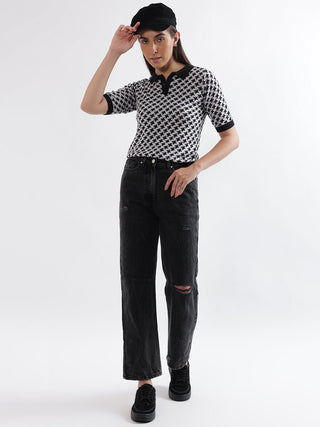 Elle Women Black Printed Polo Collar Short Sleeves Tshirt