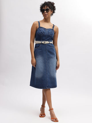 Elle Women Blue Solid Shoulder Straps Sleeveless Dress