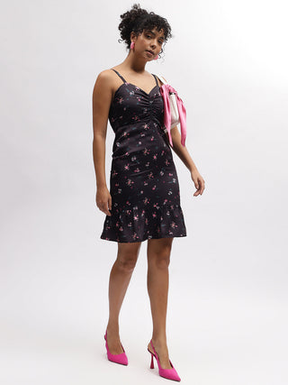 Elle Women Black Printed Shoulder Straps Sleeveless Dress