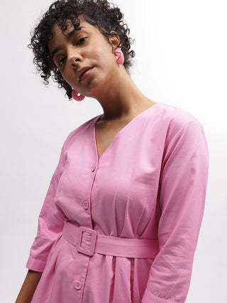 Elle Women Pink V Neck Dress