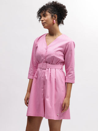 Elle Women Pink V Neck Dress