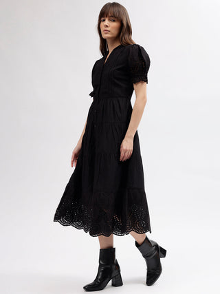 Elle Women Black Embroidered Mandarin Short Sleeves Dress