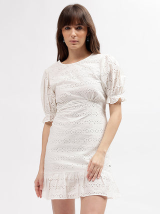 Elle Women White Embroidered Boat Neck Short Sleeves Dress