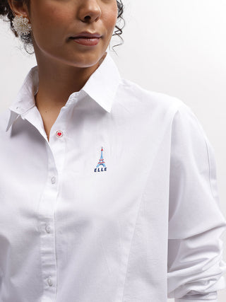 Elle Women White Solid Spread Collar Full Sleeves Shirt