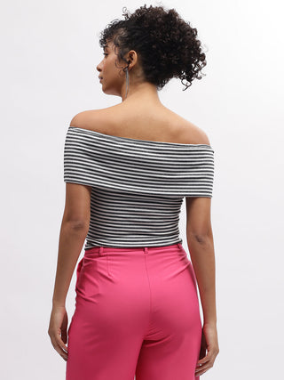 Elle Women Black Striped Off Shoulder Short Sleeves Top