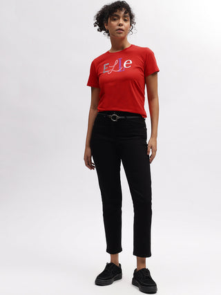 Elle Women Red Solid Round Neck Short Sleeves T-Shirt