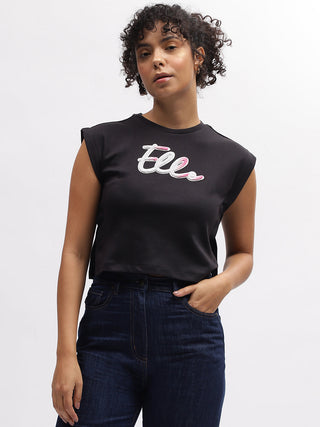 Elle Women Black Solid Round Neck Sleeveless T-Shirt