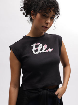Elle Women Black Solid Round Neck Sleeveless T-Shirt