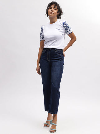 Elle Women White Solid Round Neck Short Sleeves T-Shirt