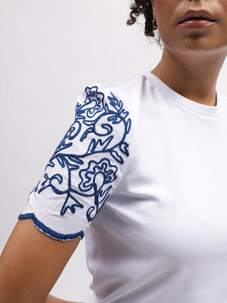 Elle Women White Solid Round Neck Short Sleeves T-Shirt