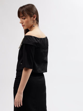 Elle Women Black Solid Off Shoulder Short Sleeves Top