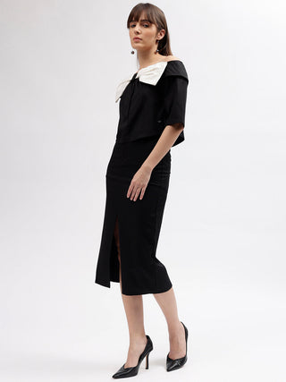 Elle Women Black Solid Off Shoulder Short Sleeves Top
