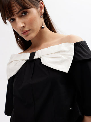 Elle Women Black Solid Off Shoulder Short Sleeves Top
