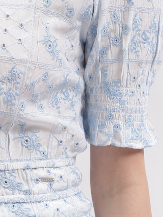 Elle Women White Embroidered High Neck Short Sleeves Top