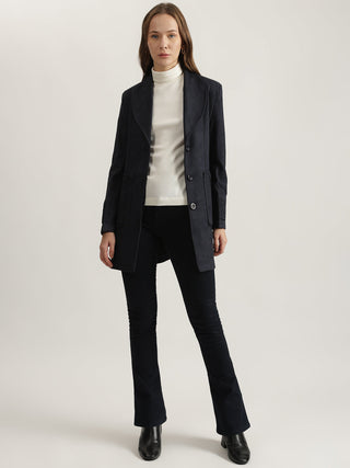 Elle Women Navy Blue Solid Shawl Collar Full Sleeves Coat