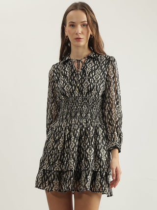 Shop Elle Women Black Printed Tie-Up Neck Full Sleeves Fit And Flare Dress  Online – Elleapparel India