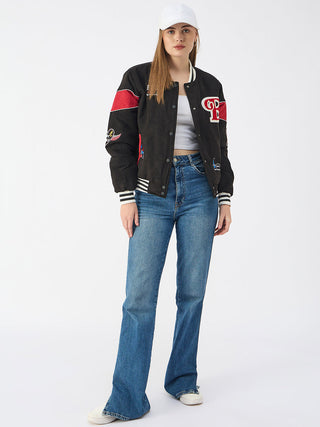 Elle Women Black Stand Collar Full Sleeves Varsity Jacket