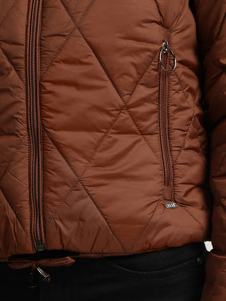 Elle Women Brown Solid Stand Collar Full Sleeves Quilted Jacket