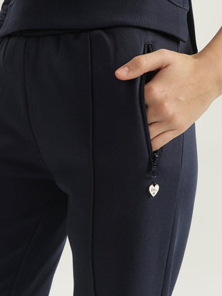 Elle Women Navy Solid Straight Fit Mid-Rise Track Pants