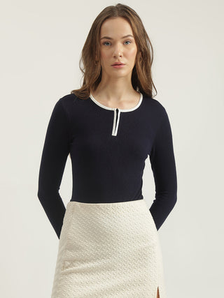 Elle Women Navy Solid Round Neck Full Sleeves Tshirt