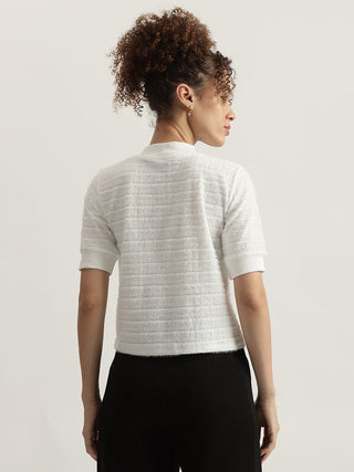Elle Women White Solid High Neck Short Sleeves Tshirt